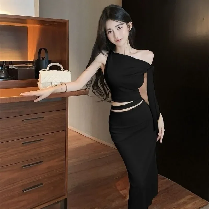Women's One Shoulder Two Piece Set Ruched Crop Top Midi Skirt Elegant Party Outfit