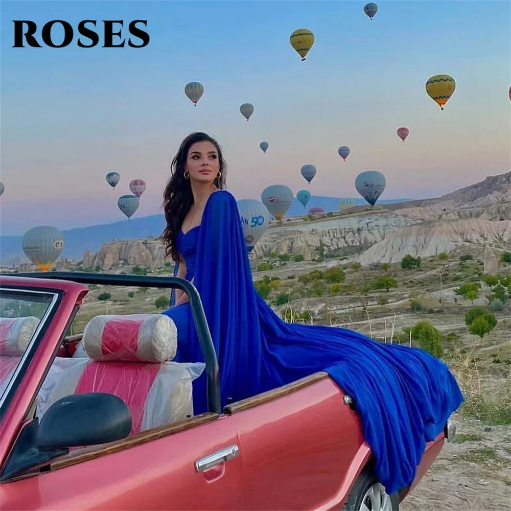 فستان حفلة موسيقية أزرق من ROSES على شكل قلب على شكل حرف a من الساتان فستان سهرة بطيات صدر للحفلات وأكمام عادية وخصر متقاطع رداء De Soirée