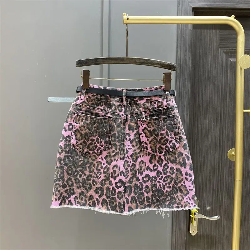 Y2k Skirt New Korean Style Fashion Leopard Print Pattern Ripped Denim Skirt Womens High Waist Slimming Hip A Line Mini Skirt