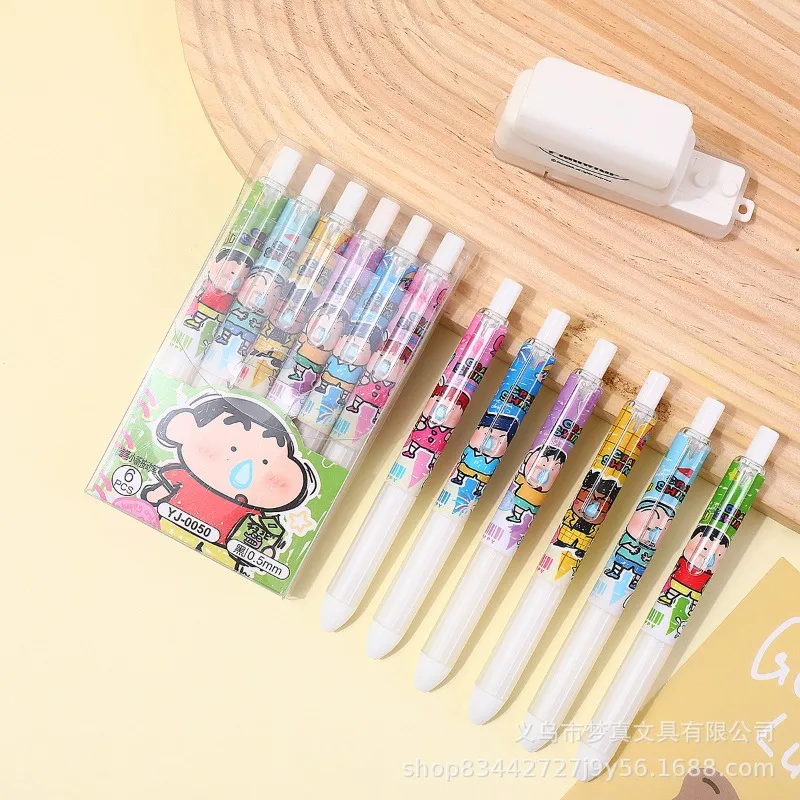 6PCS Hot Kawaii Shinchan Series Gel Pen Set Cartoon Character Creative Cute Printing 0.5mm Quick Drying Click Pen Stationery