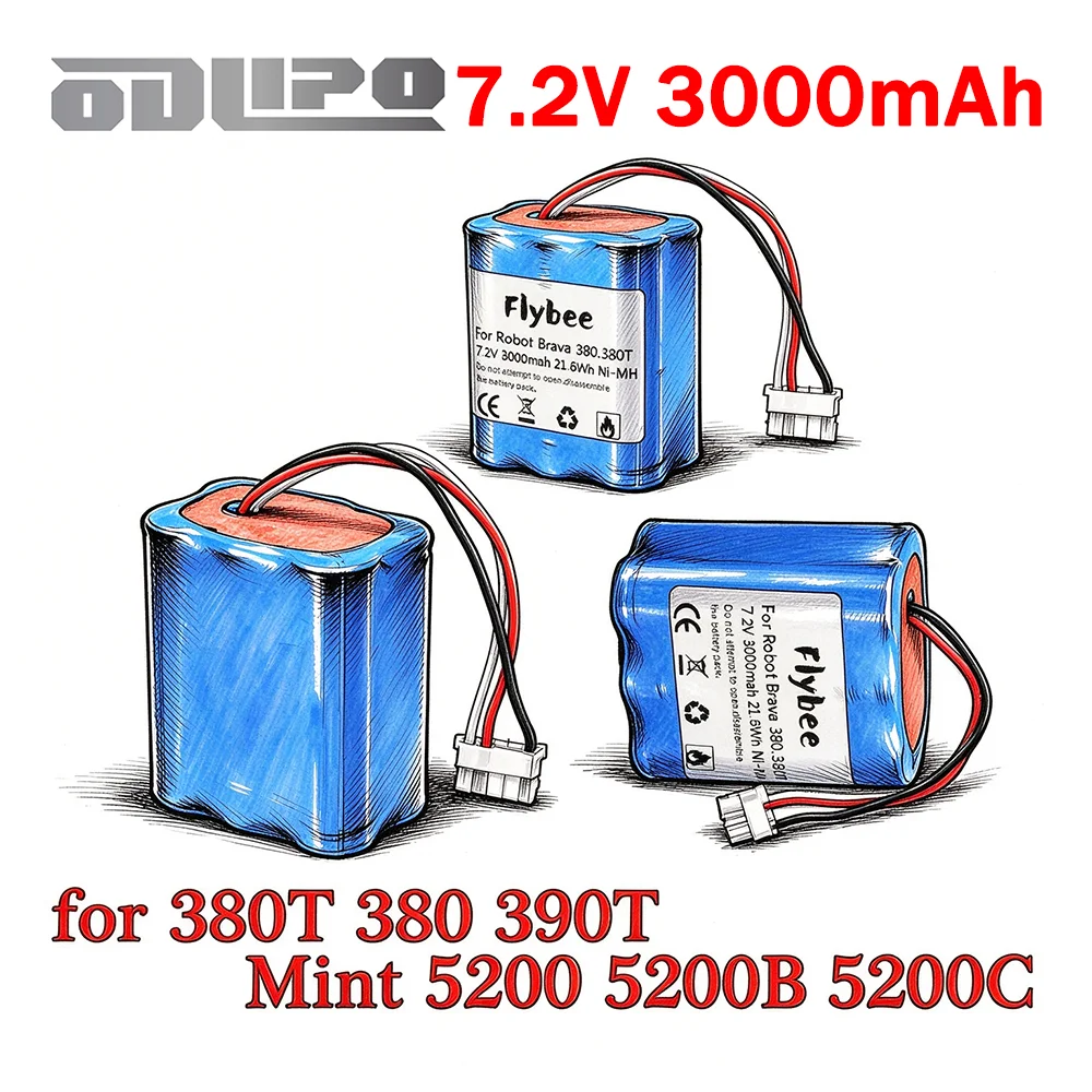 NiMH 3000mAh 7.2V Battery for iRobot Braava 380T 380 390T Mint 5200 5200B 5200C Vacuum Cleaner, Upgraded 2500MAH NI-MH Battery