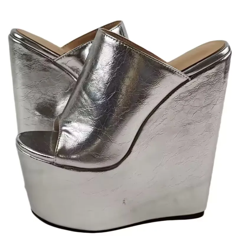 

SHOFOO Модные женские тапочки на высоком каблуке. Серебряные кожаные тапочки. Высота каблука около 20 см. Летние уличные тапочки. 34-46