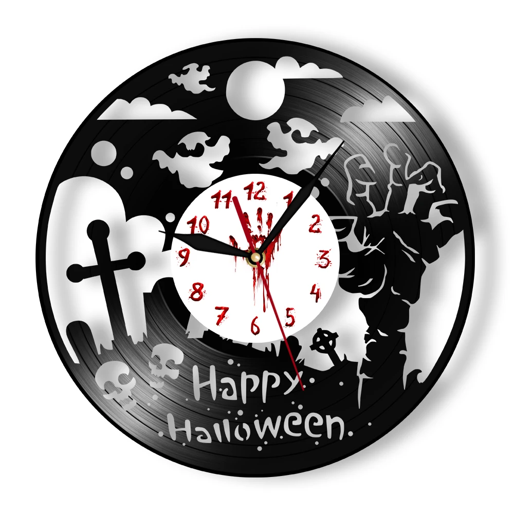 Dark Halloween Party Wall Sign Vinyl Record Clock Spooky Zombie Rise Artwork Home Decor Carved Music Album Longplay Wall Clock