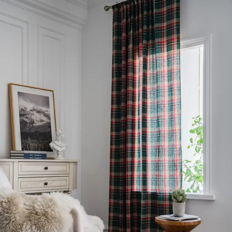 Christmas Window Curtain Red Green Plaid Cotton and Linen Curtains American Retro Country Style Valance Curtains for Kitchen