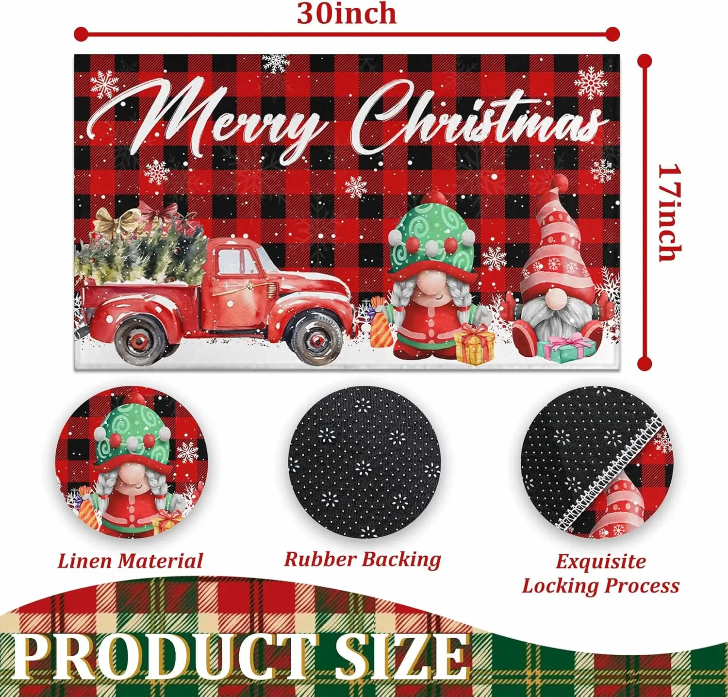 VIKAMA Merry Christmas Red Truck Gnomes Snowflake Buffalo Plaid Doormat Winter Holiday Low-Profile Non-Slip Floor Mat Home Decor