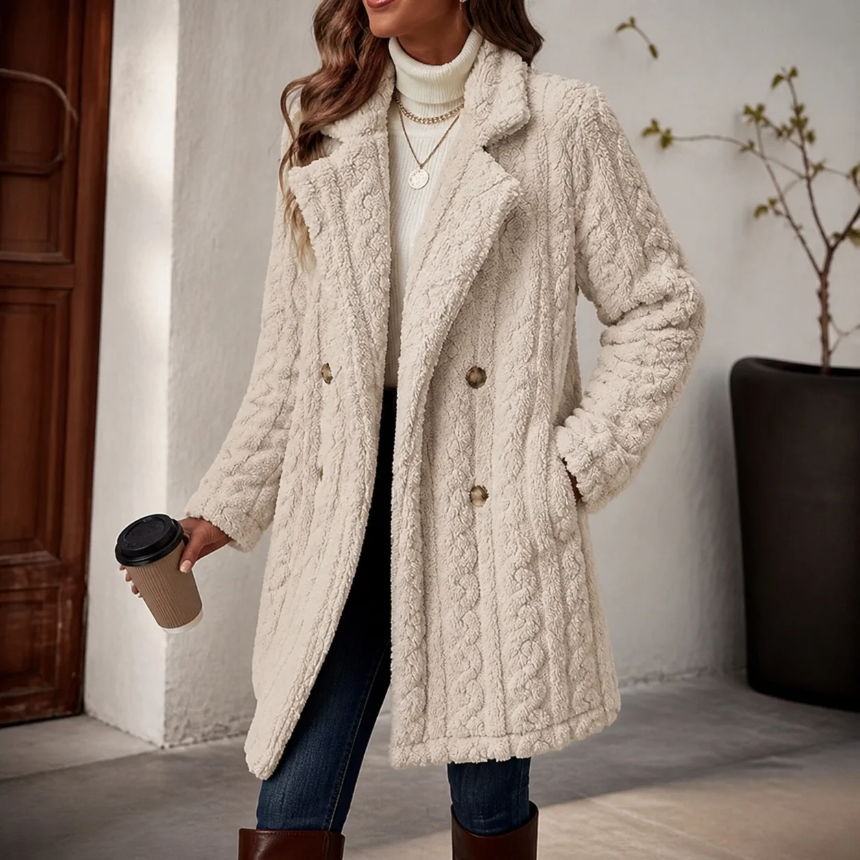 Thick Casual Coat Midi Length Straight Fit Elegant Commuter with Regular Sleeve Double Breasted Wrinkle Finish Women Autumn Coat