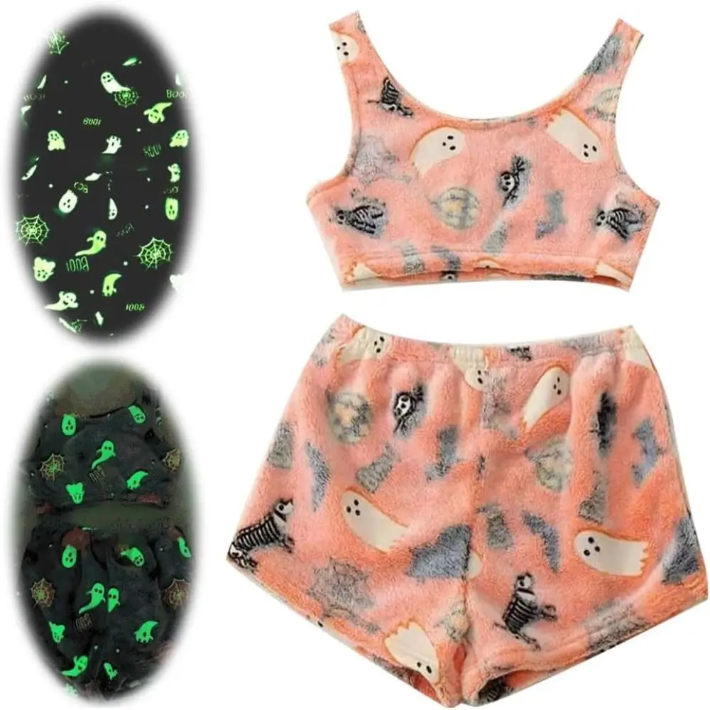 Conjunto de pijama con chaleco espeluznante grueso, pijama de dos piezas de terciopelo Coral, pantalones cortos, conjunto de pijama sin mangas con estampado que brilla en la oscuridad