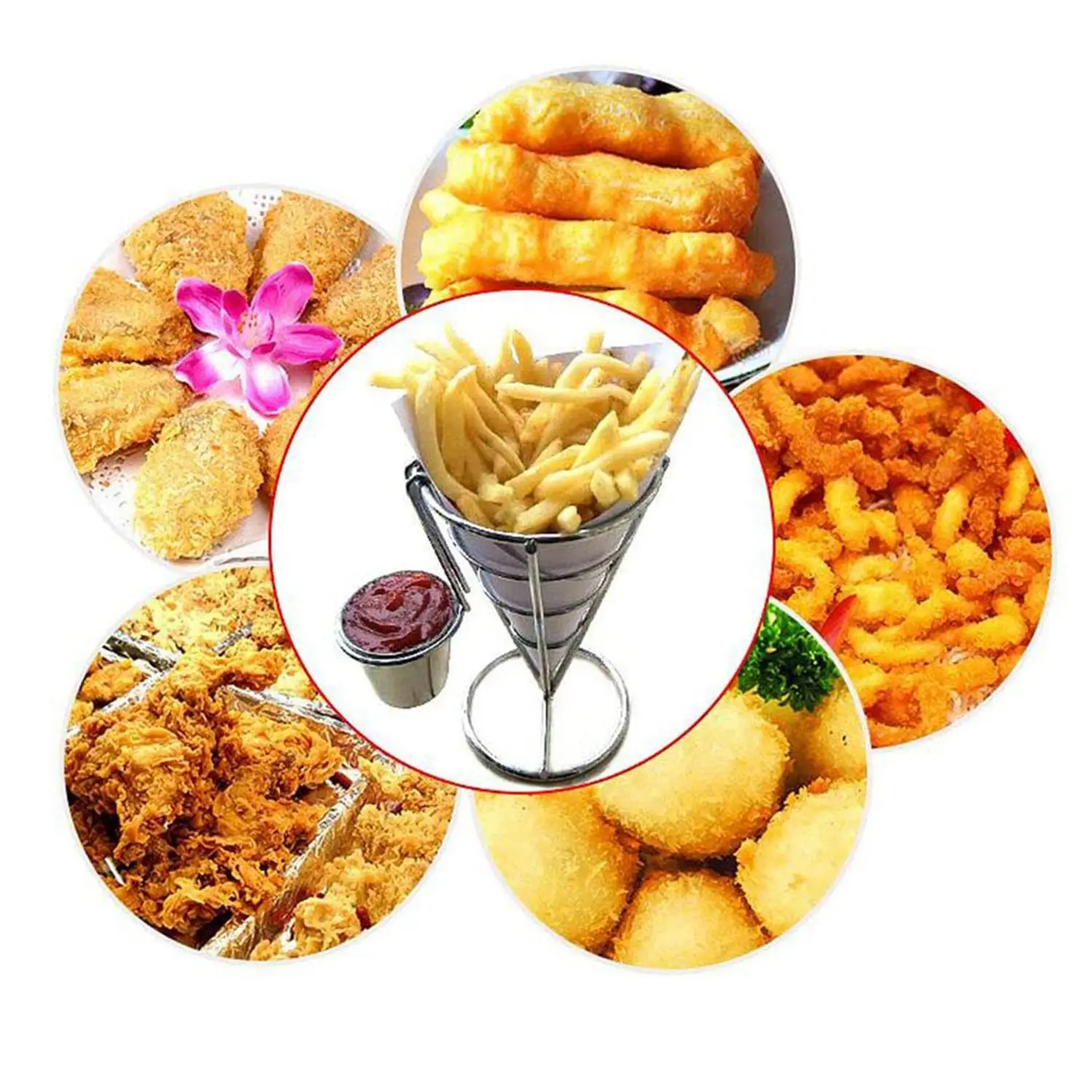 SEWS-2 Piezas Soporte Metálico para Papas Fritas y Pollo Frito, con Cestas Cónicas y Recipientes para Salsas