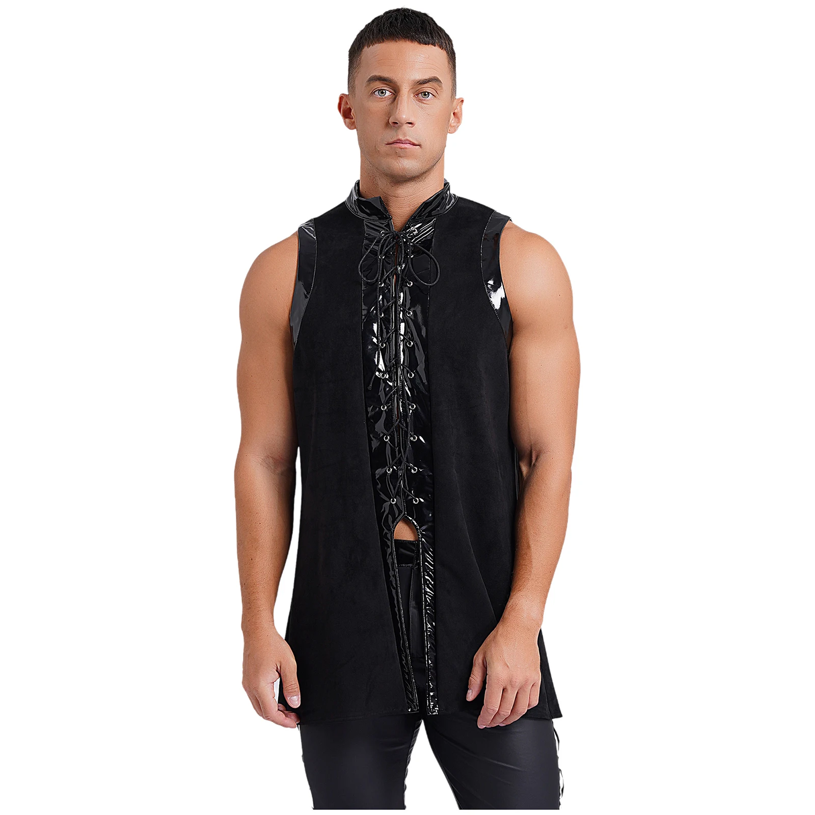 Mans Medieval Gothic Waistcoat Wetlook Leather Lace Up Sleeveless Vest Renaissance Steampunk Vampire Blazer Undershirts