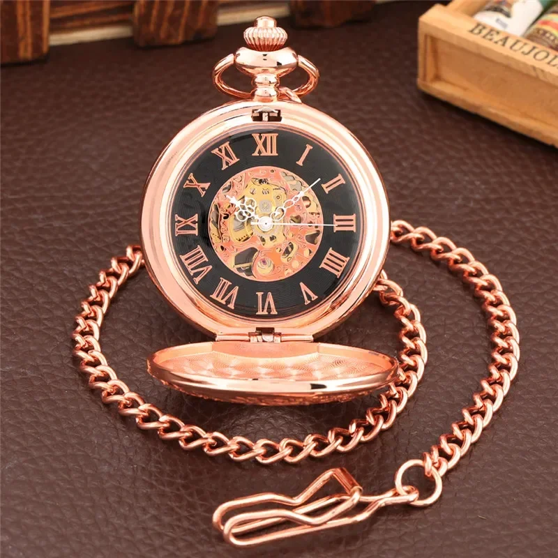 Vintage Rose Gold Roman Number Cover Men Women Handwinding Mechanical Pocket Watch Skeleton Dial with Pendant Fob Chain Gift