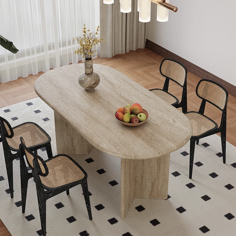 

simple oval dining table, living room, household luxury stone long table, wabi-sandy travertine high-end marble dining table