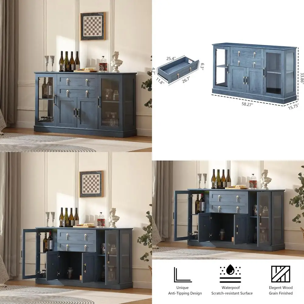 Modern Sideboard Buffet Cabinet with Storage, Accent Coffee Bar Cabinet, 2 Glass Doors, Credenza with Two Drawers, Long-Lasting