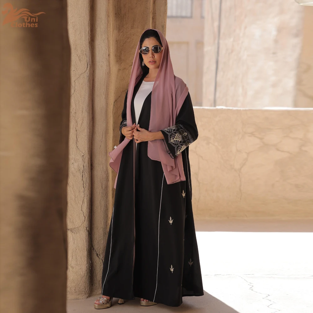 Solid Casual Daily Open Kimono Abaya Galabia Muslim Saudi Women Kaftan Moroccan African Floral Embroidery Robe Clothing