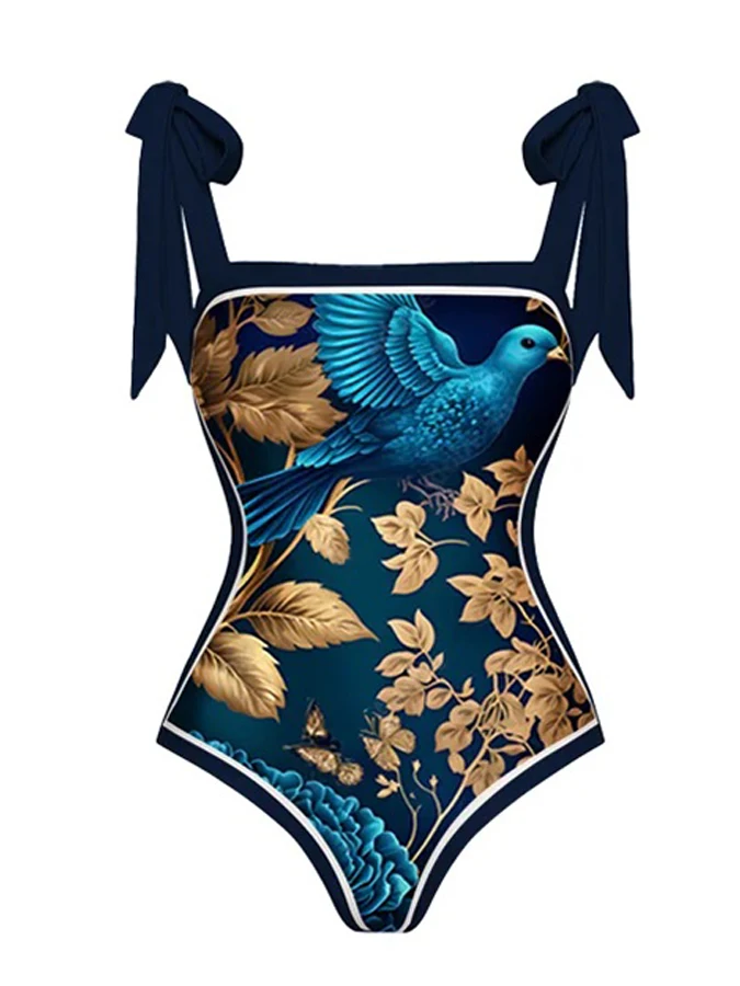 Blue Fashion Gold Peacock Animal Print Bikini With Breast Pad One Luxurious Lace-up Swimsuit And Long Cover Up 2023 New Design