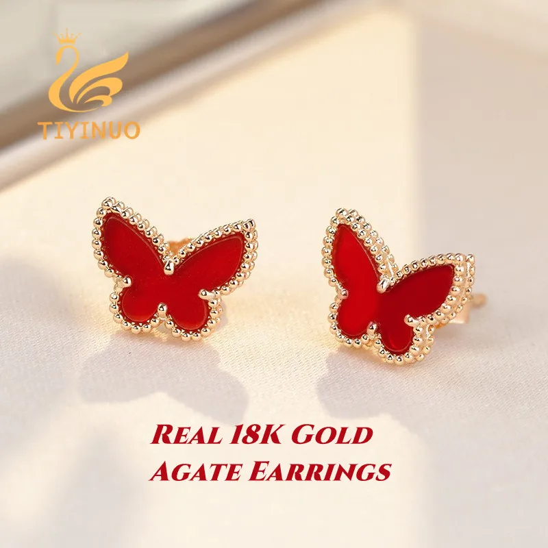 

TIYINUO Authentic 18K Gold Real AU750 Agate Malachite Butterfly Earrings Delicate Gift Exquisite Present For Woman Fine Jewelry