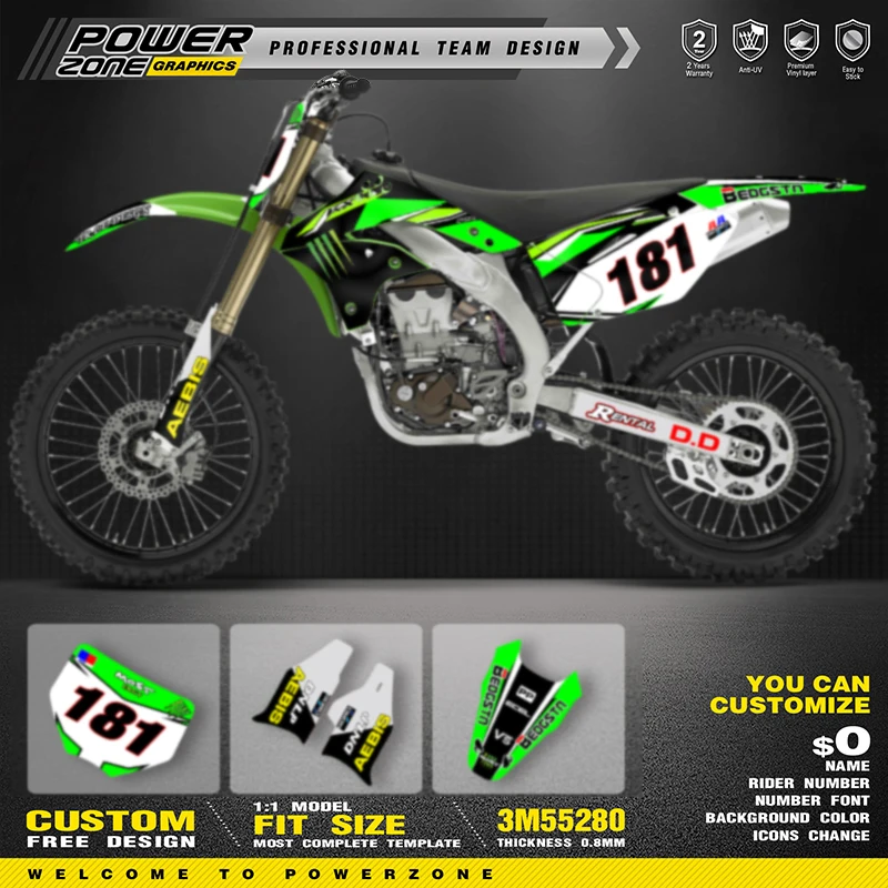 PowerZone Custom Team Graphics Backgrounds Decals For 3M Stickers Kit For Kawasaki KXF450 2006 2007 2008 KX450F Motorcycle 02