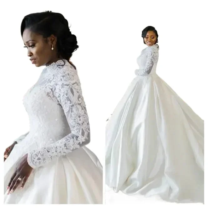 Arabic Plus Size Lace Beaded High Neck Long Sleeves Bridal Dresses Cheap Custom Made Wedding Gowns