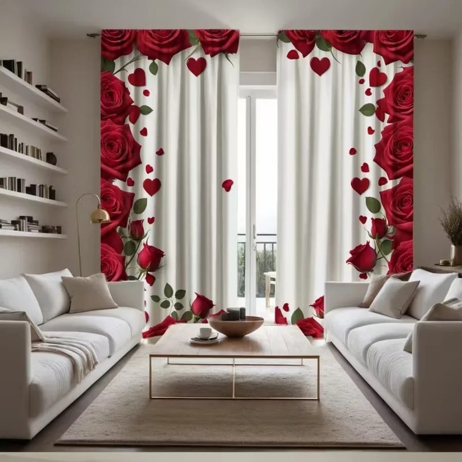 2 PCS Heart Rose Curtains, Romantic Sweet Soft Style Window Drapes for Living Room Bedroom Home Decor Polyester Rod Pocket