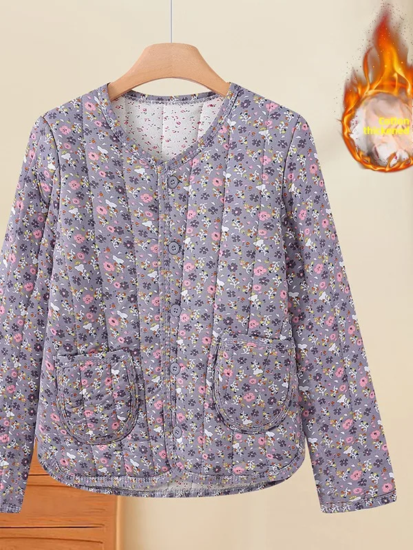 

Женская модная куртка свободного кроя с цветочным принтом, из хлопка, с мягкой теплой подкладкой, для осени и зимы, для повседневной носки, с круглым вырезом, на пуговицах.