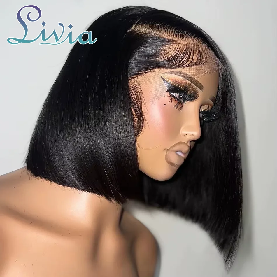 

13x4 Short Bob Wigs 220% Density Bone Straight Bob Wigs Human Hair Pre Plucked Transparent Lace Frontal Wig Cuticle Aligned