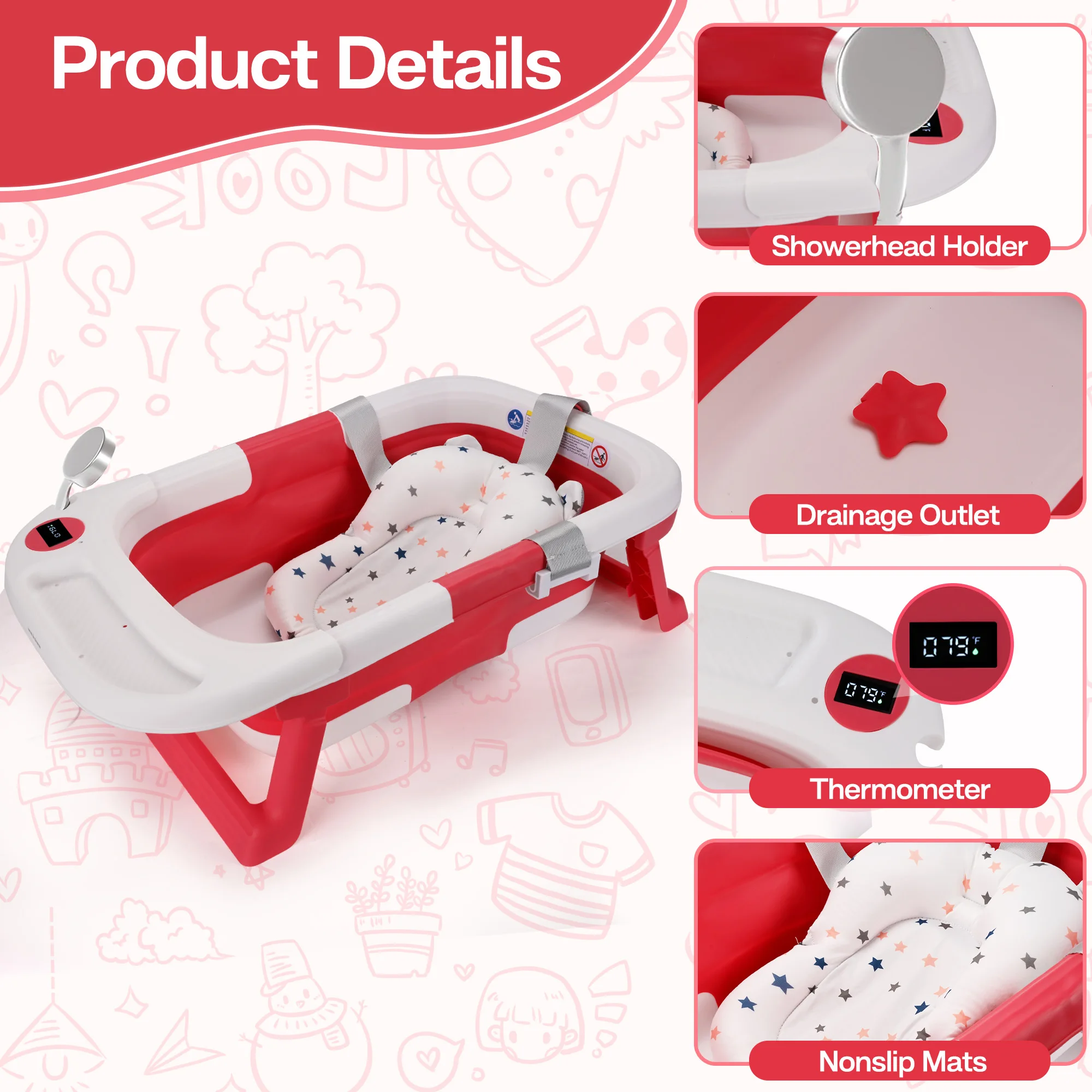 Baignoire pour bébé, baignoire pour bébé avec coussin doux et thermomètre, baignoire pour bébé nouveau-né à 36 mois, baignoire de voyage Portable pour bébé