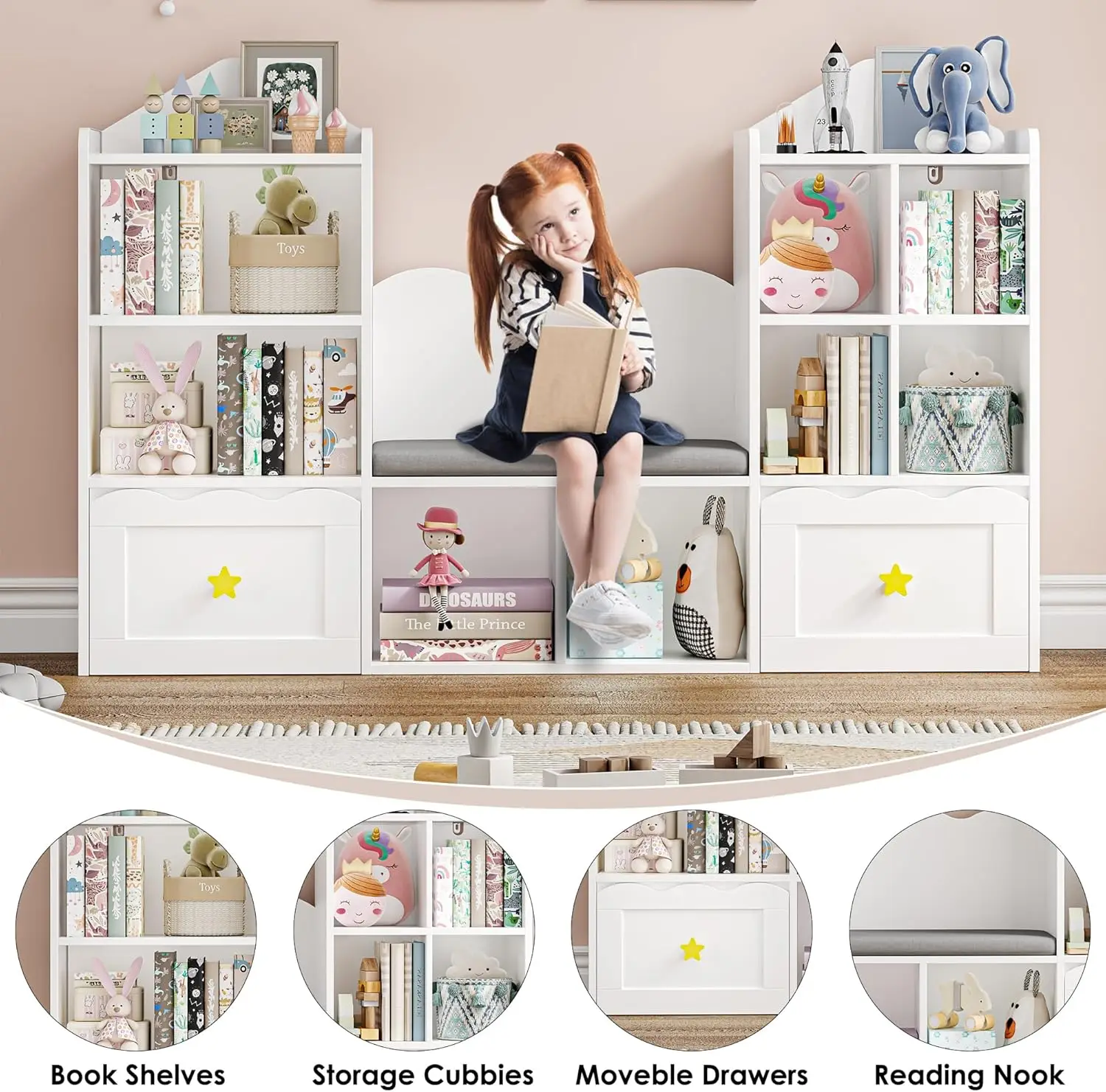 Bookshelf with Reading Nook, Kids Bookcase with Soft Cushion Seat, 2 Wheels Drawers and 8 Storage Cubbies, Toy Storage Organizer