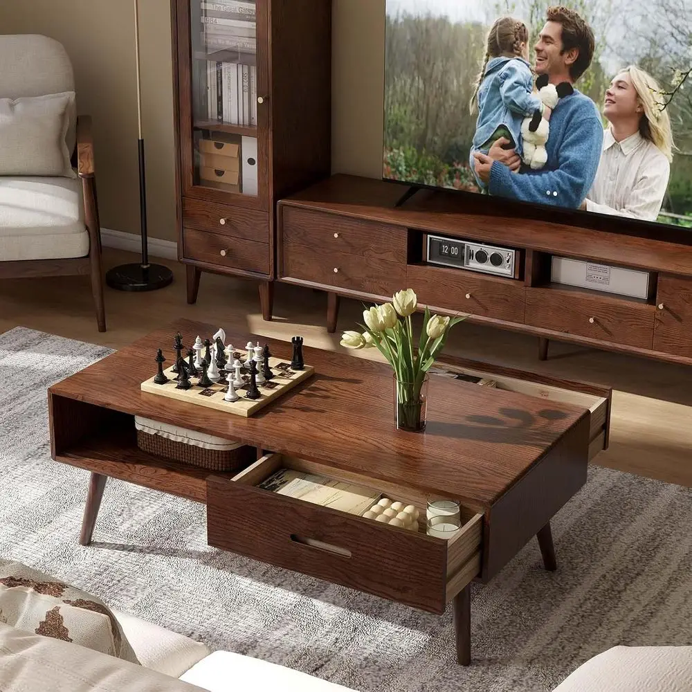 

Solid Oak Coffee Table with Storage Shelf and 2 Drawers, Modern Century Design (Oak Walnut, 47.24 W)