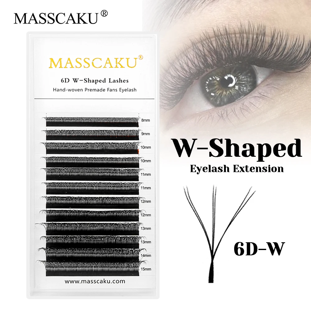 Customized Private Label MASSCAKU W Shaped Premade Volume Fans Eyelash 0.07mm Thickness Matte Black W Design Lashes for Makeup