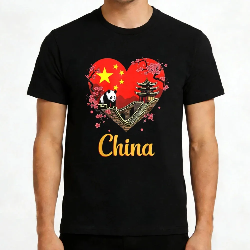 China Love Heart Flag Panda Great Wall Men T-Shirt Cotton Casual Travel Gift for China Lovers Cultural Souvenir Apparel