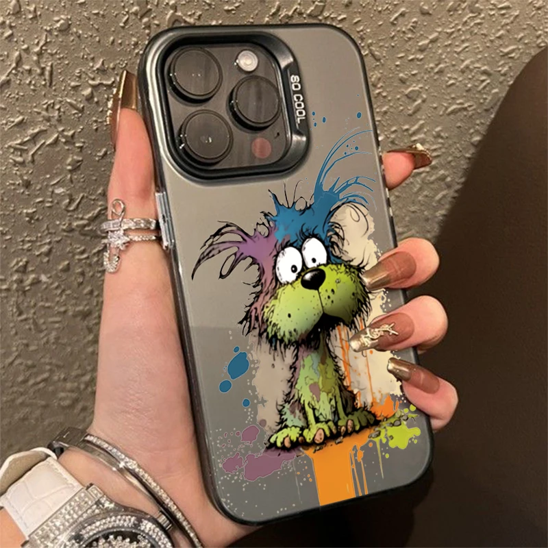 

Graffiti Dog Sheep Matte Laser Phone Case para iPhone 15 Pro Max 14 12 13 11 XS X XR 7 8 14 Plus Lens Protection Plating Cover