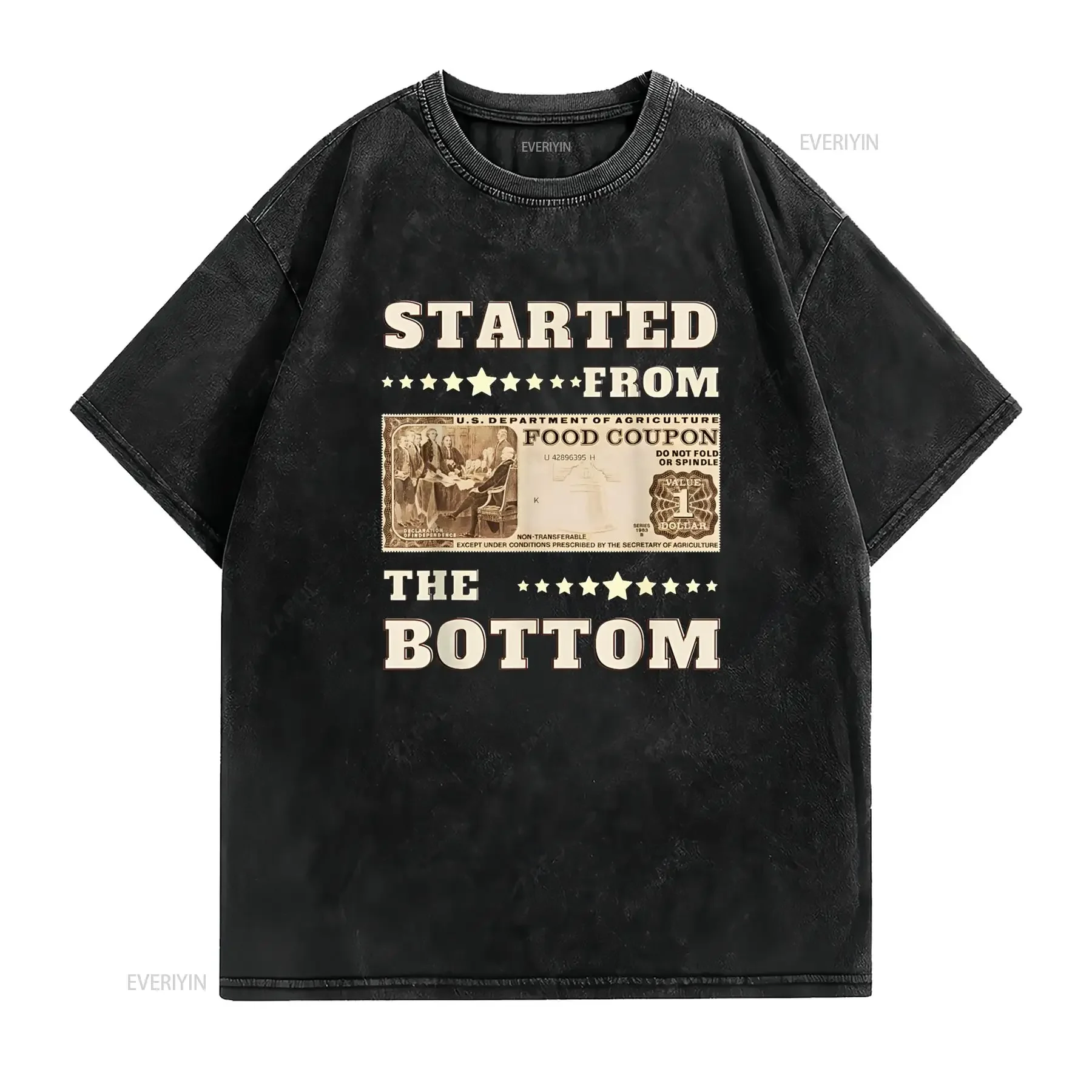 Started From Bottom Food Stamp Coupon stars T Shirt vintage Washed graphic Slightly fashion Soft Unisex Top For Everyday Wear