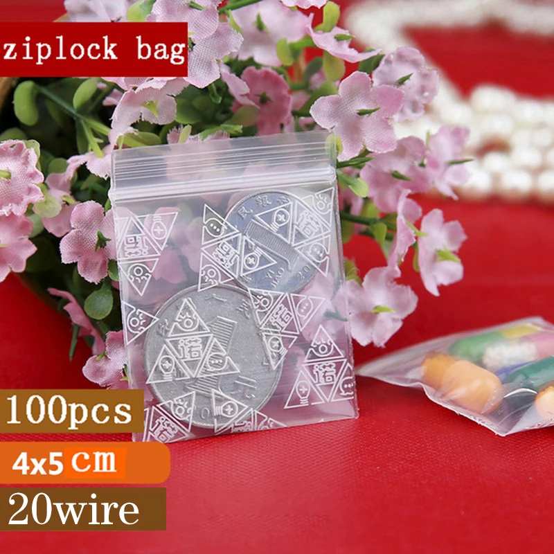 100Pcs/Lot 4x5cm Lock Bags Transparent Plastic Zipper Print Bags For Food Storage Jewelry Packaging Pouches Bag