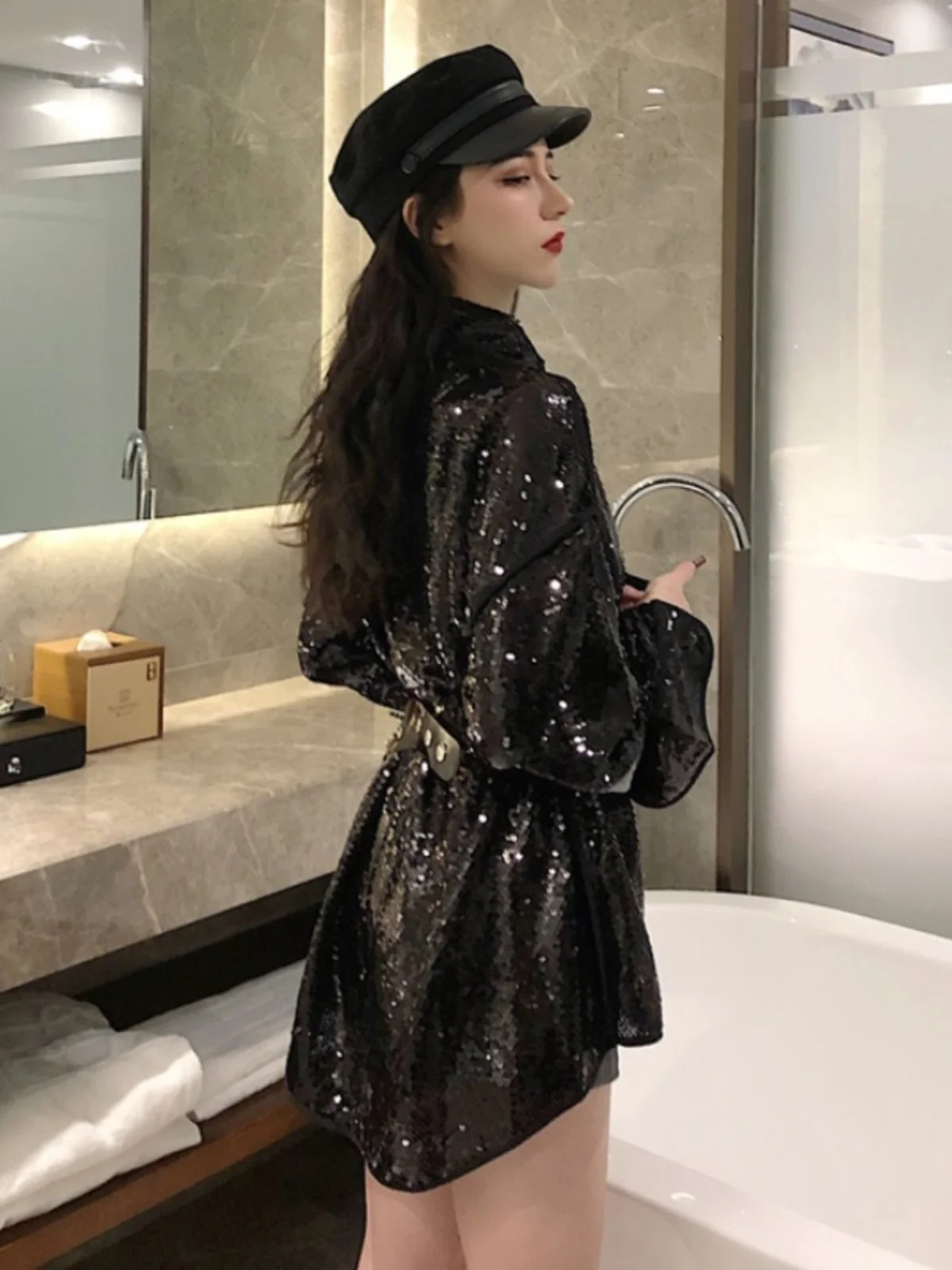 2025 Spring New Girl Blingbling Sequined Shirts Long Sleeve Shirt Trendy Female Solid Color Single Breasted Tops Women's Clothes