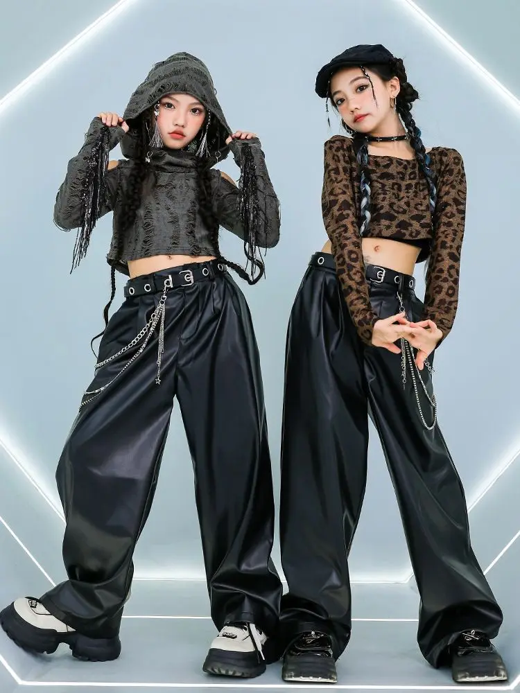 Meninas hip hop recortado rasgado fora do ombro leopardo hoodies calça de couro do plutônio crianças conjuntos de roupas de dança de rua crianças trajes k-pop