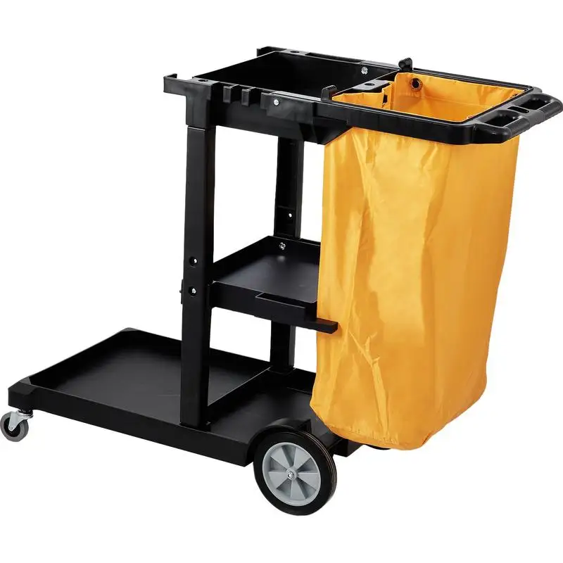 Cleaning trolley with 3 compartments, hygiene trolley, cleaning trolley with 90.7 kg load capacity, black PP mop trolley, system trolley including PVC waste bag & gloves, suitable for offices, malls, hotels