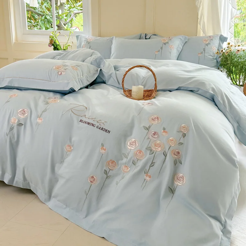 

Rose Flowers Embroidery Bedding Sets Luxury Blue Egyptian Cotton Duvet/Quilt Cover Fitted Bed Sheet Pillowcases Home Textile