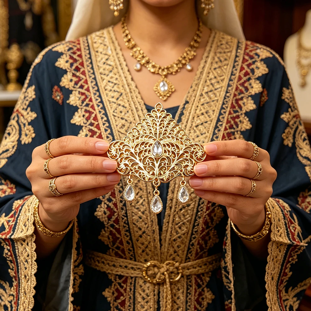 Islamic Wedding Jewelry Gold Color Filigree Floral Crystal Tassel Brooch Vintage Rhinestone Pin For Moroccan Caftan Abaya Scarf