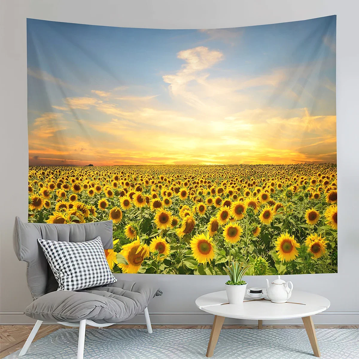 Sunset Sunflowers Field Tapestry Warm Yellow Floral Plant Tapestry Home Living Room Bedroom Dorm Wall Hanging Decorative Blanket