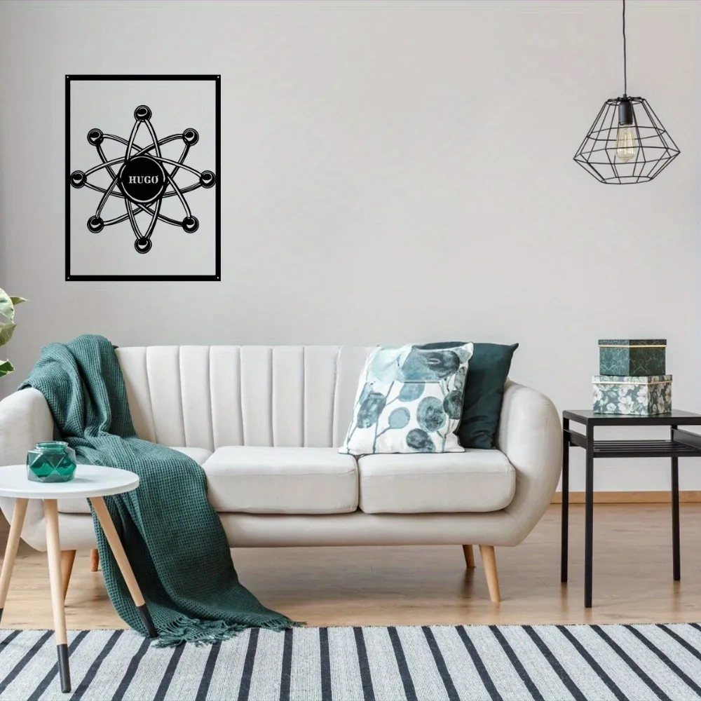 [2D Flat] Atom Symbol Line Art Metal Plaque, Atomic Model Science Themed Metal Wall Decor Sign (Only For Decoration)