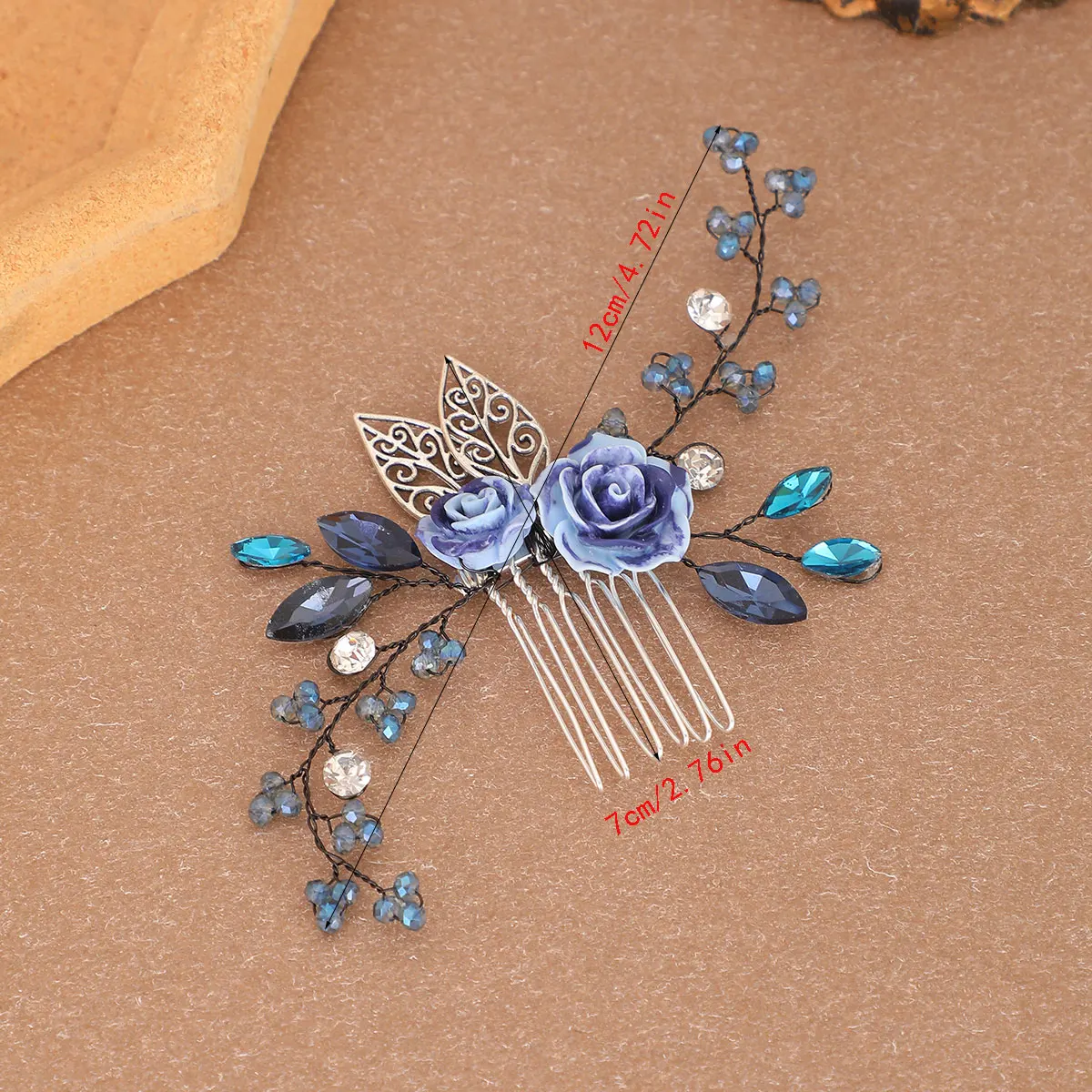 Blue Purple Ceramic Rose Hair Comb  Crystal Bead Wire Vine Leaf Hair Pins  Vintage Bridal Wedding Hair Accessories image 2