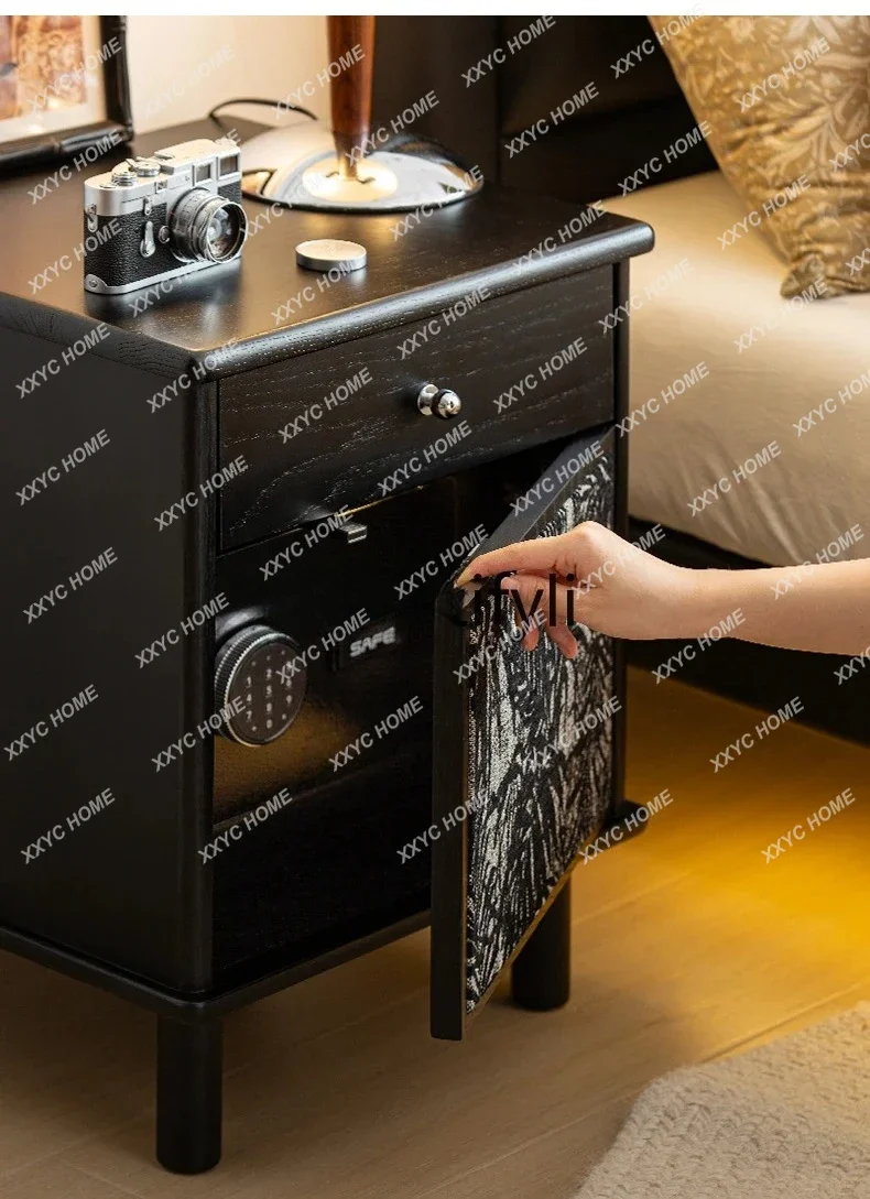 Retro style solid wood bedside table, black, small bedroom locker