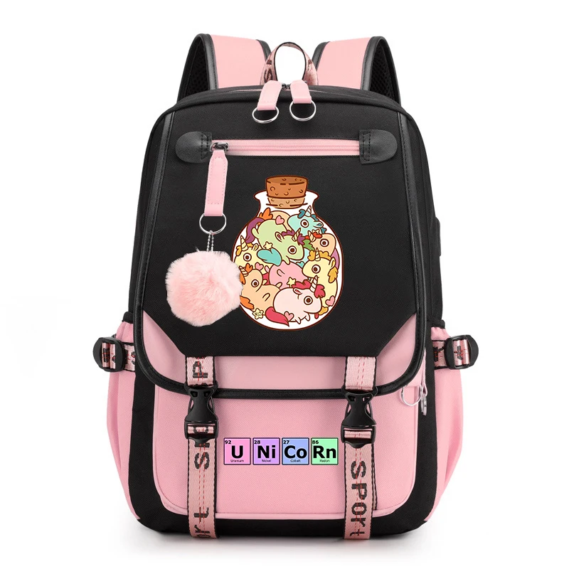 Unicorn Print Backpack para meninas, Campus Student School Bag, USB Travel Bag, Kids Gift