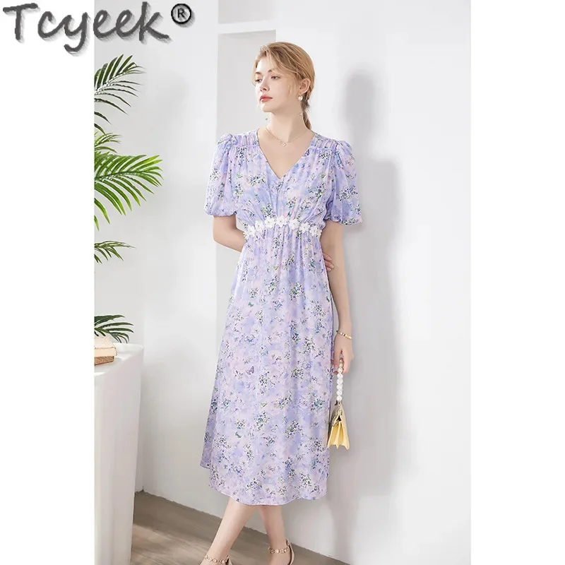 100% Tcyeek Real Mulberry Silk for Women Spring Summer Clothes Elegant and Pretty Women's Dresses High-end Floral Dress