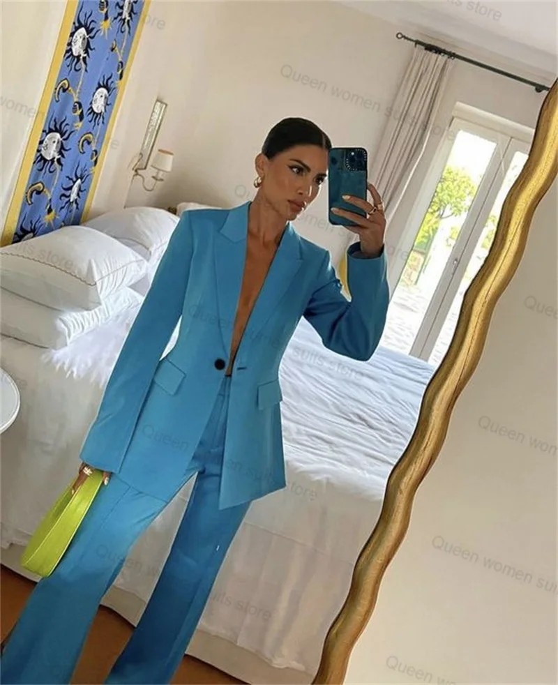 Cotton Wedding Women Suit Set 2 Piece Blazer+Trousers Sexy V Neck Jacket Coat Formal Full Sleeve Prom Dress Tailored Outfit