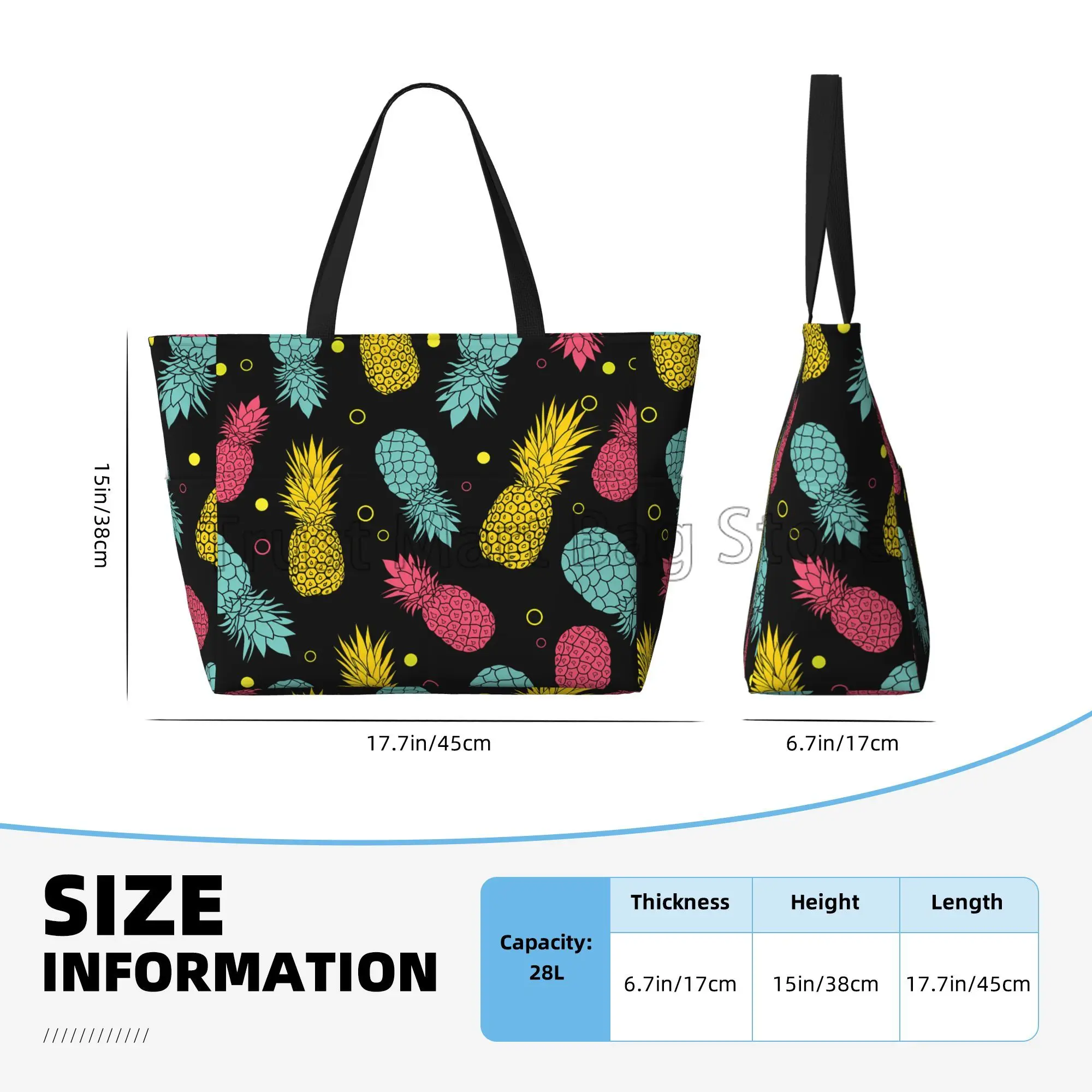 Pineapples Large Waterproof Beach Bag for Women Sandproof Tote Bag Pool Bag with Zipper and Pockets for Travel Vacation Gym