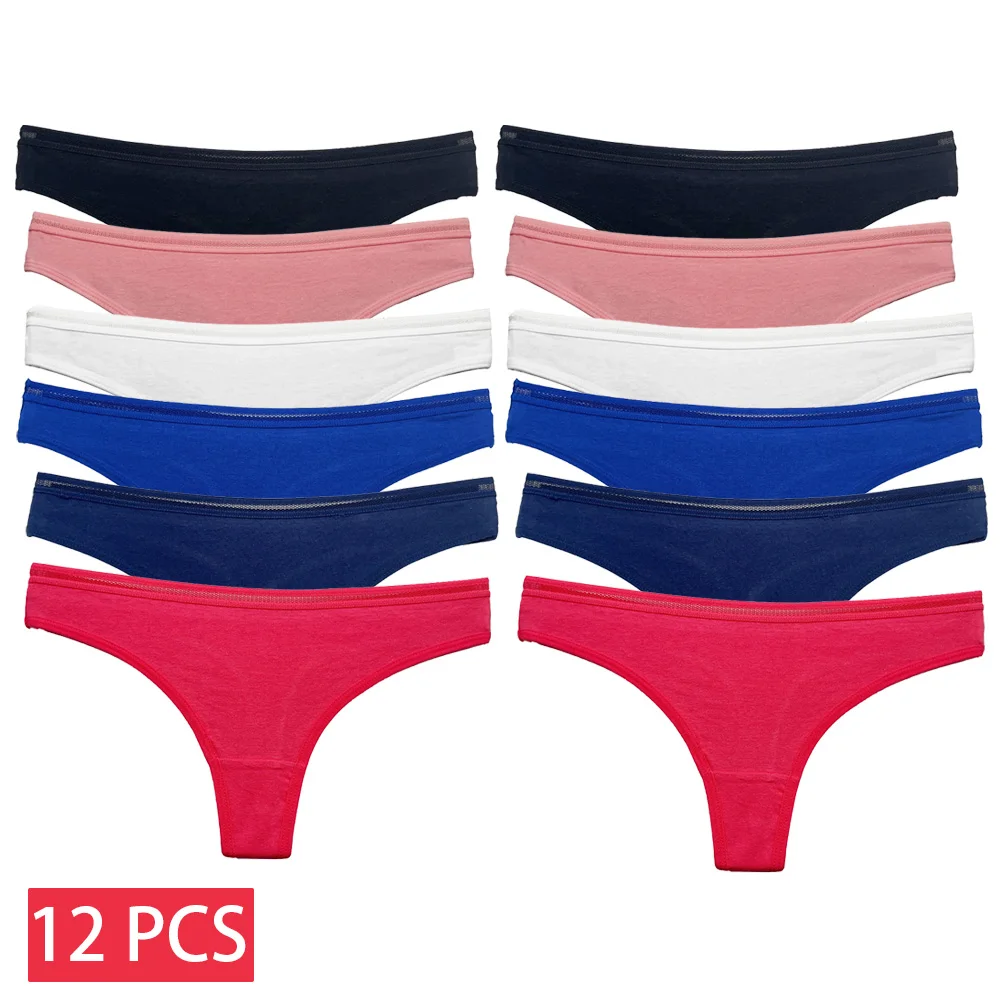 12 Pcs/Set Panties Women Sexy G-String Soft Lingerie Low Rise Breathable Female Underwear Solid Color T Back Thong