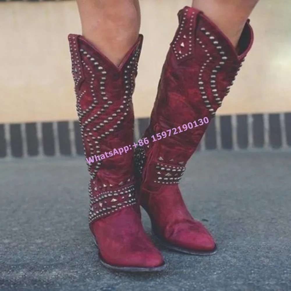 Rivet Knight Boots Square Toe Chunky Heels Side Zipper Knee High Boots Retro Cowgirls West Style Hotties Distress Boots 2025