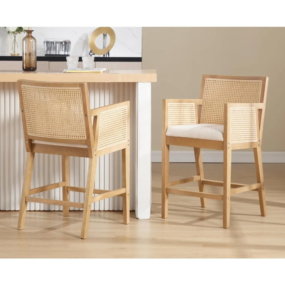 

Rattan Bar Stools Set of 2 Modern Farmhouse Counter Height Barstools with Back and Arms Mid Century Natural - Best