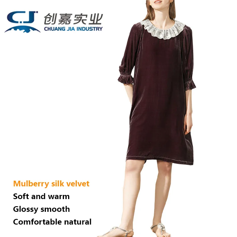 

Mulberry Silk Velvet Lady Spring Summer Seven-point Sleeve Dress Eliza White Collar Lace Embroidery Lace Sleeve Mid-length Skirt