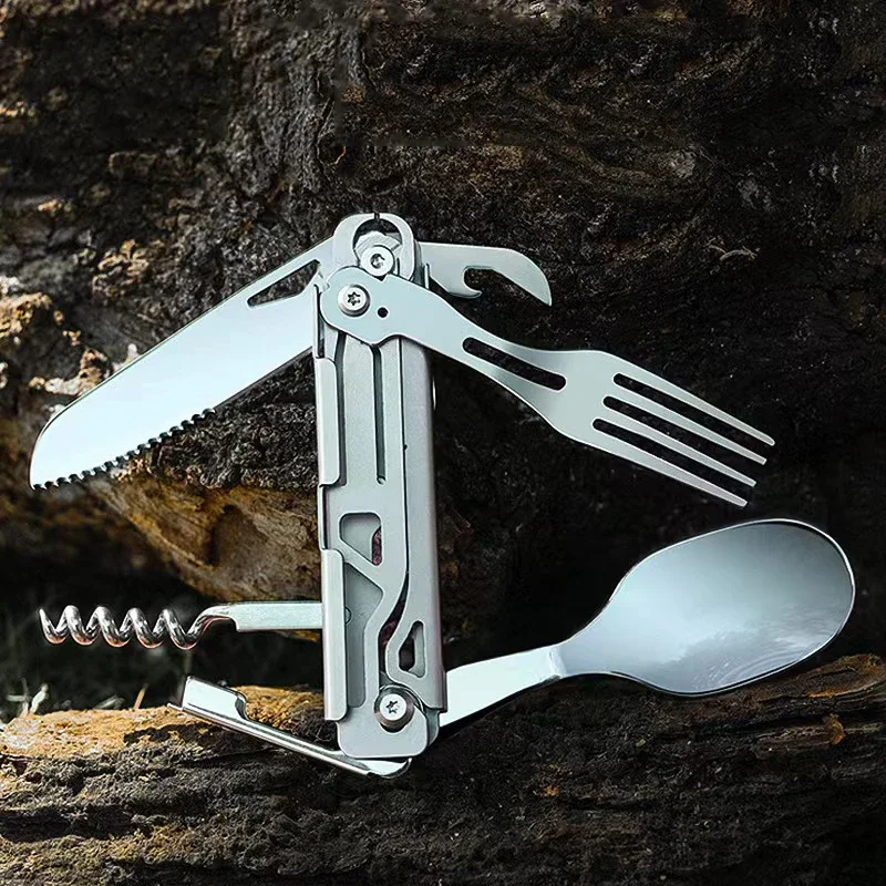 

Multifunctional EDC folding outdoor tableware camping portable meal knife fork spoon bottle outdoor camping cookware titanium